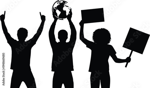 Protest people silhouettes holding signs and globe symbol, demonstration crowd activism concept isolated vector illustration for social movement, human rights and global awareness