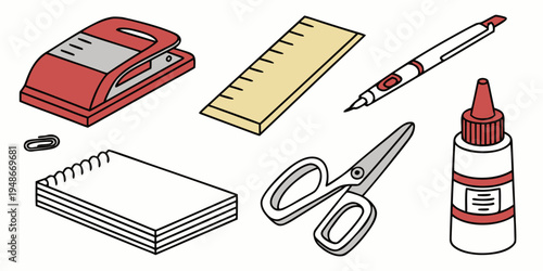 a collection of office supplies on a white background Vector