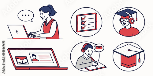 woman working on laptop with various task icons Vector