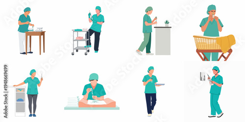 Collection of Medical Professionals in Green Scrubs Preparing Syringes and Medications, Flat Vector Illustrations for Healthcare and Clinical Contexts