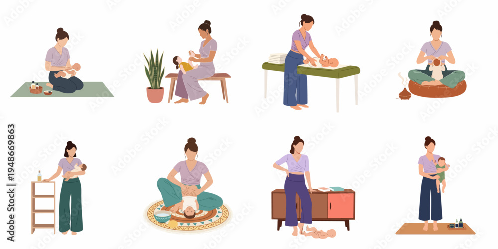 Fototapeta premium A series of illustrations showing a mother or therapist performing gentle infant massage and various baby care routines for wellness and bonding.