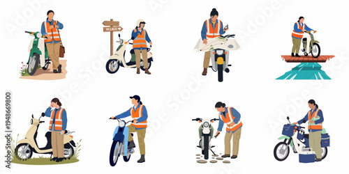 Set of illustrations featuring a female community health worker using a motorcycle for rural outreach, navigation, and medical service delivery in remote locations.