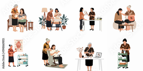 Collection of illustrations depicting professional postpartum care, breastfeeding support, and newborn guidance provided by a doula or midwife for new mothers.