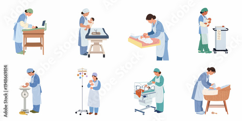 Set of illustrations showing nurses and medical staff caring for newborn babies in a hospital, including weighing, monitoring, and neonatal care.