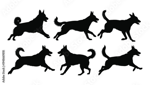 Collection of six black dog silhouettes in various running postures on white background