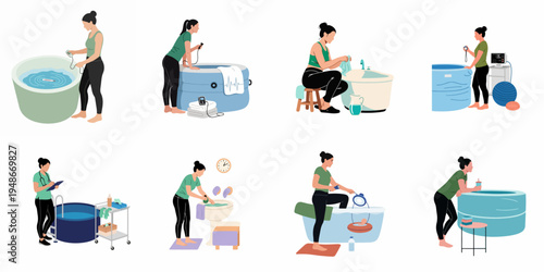 Set of illustrations showing a midwife preparing equipment and environment for a professional water birth and natural home delivery.