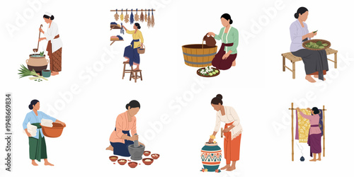 Collection of flat illustrations showing traditional activities of Balinese women, including herbal medicine preparation, cooking, batik making, and wellness rituals.