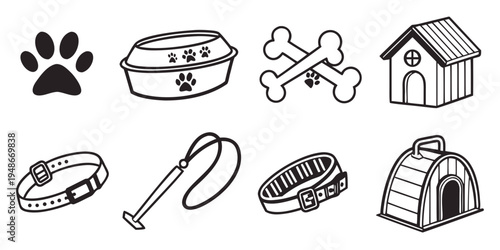 black and white line drawing of dog related items Vector