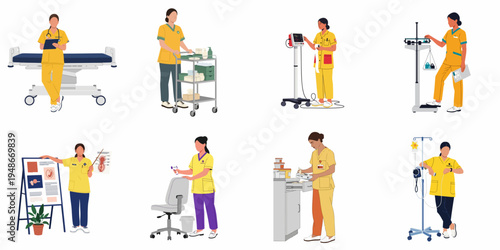 Set of flat vector illustrations featuring diverse female nurses in yellow scrubs performing various medical duties, patient care, and clinical procedures in a hospital.