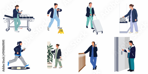 Collection of medical staff flat vector illustrations depicting healthcare professionals in various busy hospital scenarios, including nurses performing tasks and coordinating care.