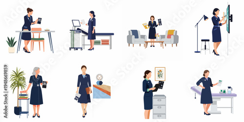 Set of flat vector illustrations depicting female medical professionals in various healthcare settings, performing ultrasound scans, consulting patients, and managing administrative clinic tasks.