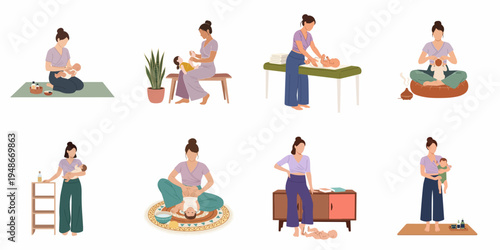 A series of illustrations showing a mother or therapist performing gentle infant massage and various baby care routines for wellness and bonding.