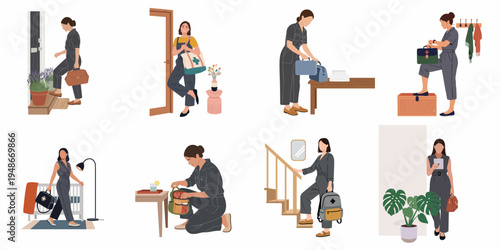 Collection of flat illustrations showing a female home care professional or nurse carrying medical bags during various daily activities and home visits.