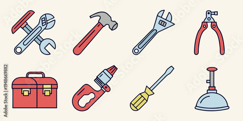 a set of colorful icons of various hand tools Vector