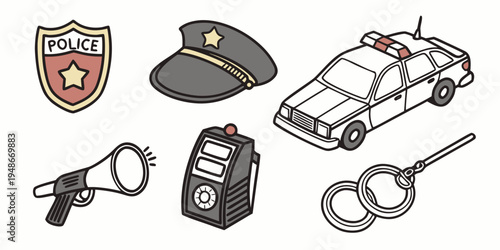 police objects including a badge and gun Vector
