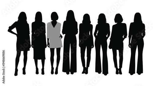 A group of eight confident businesswomen standing together in a line, showcasing diversity and unity in the corporate world with varying poses and attire.