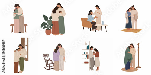 Minimalist flat illustration collection of women supporting and comforting each other through various emotional life moments.
