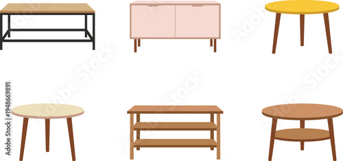 Table furniture set, wooden coffee table dining table and cabinet furniture collection for home interior design, modern furniture vector illustration