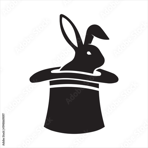 Simple black silhouette icon of a rabbit in a magicians top hat.