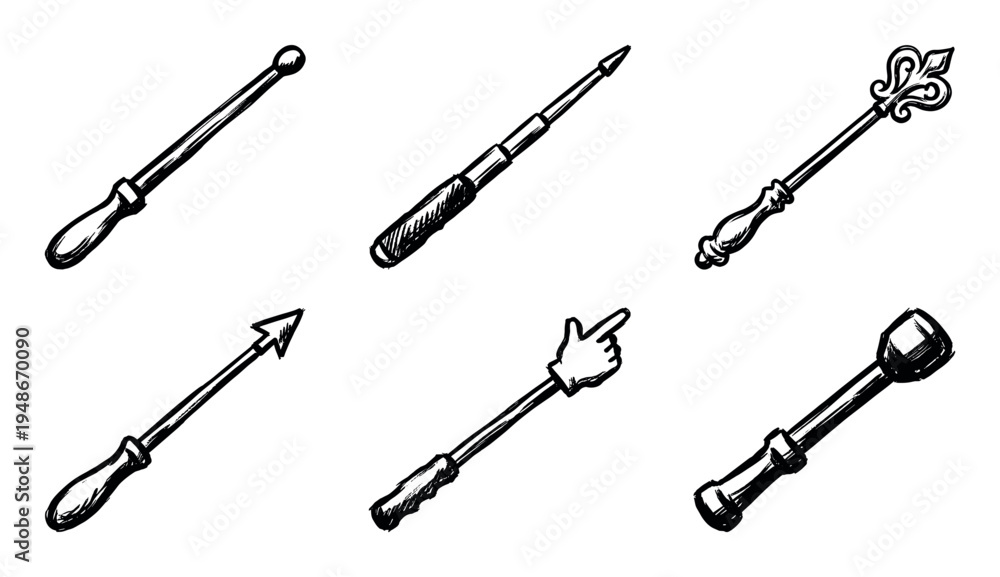 Naklejka premium Collection of six hand-drawn sketch style pointers, wands, and indicators, each with a unique design and handle.