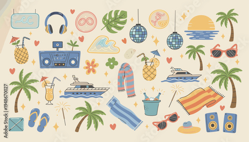 Summer beach party doodle elements set