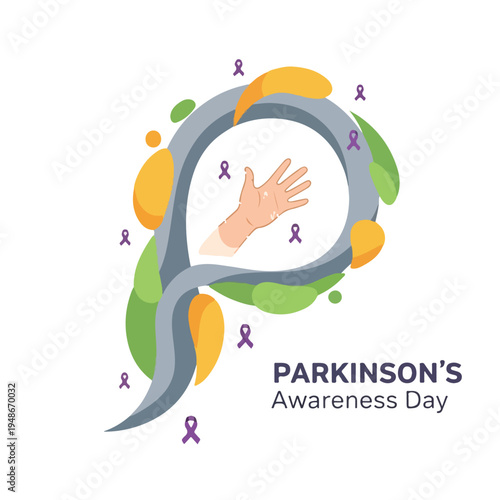 Illustration for Parkinson's Awareness Day, hand with purple ribbons