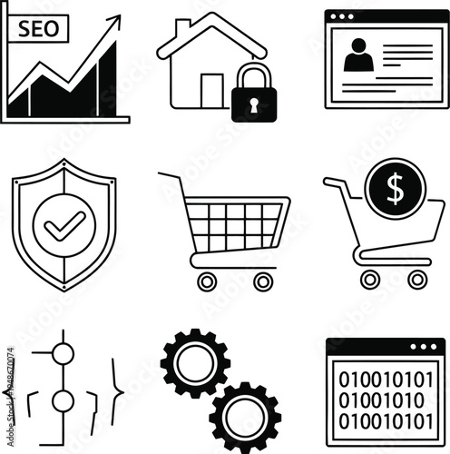 Digital Marketing and E commerce Business Icon Set for Web Development and SEO Strategy