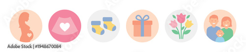 Collection of colorful circular icons representing pregnancy, baby, gifts, flowers, and family concepts.