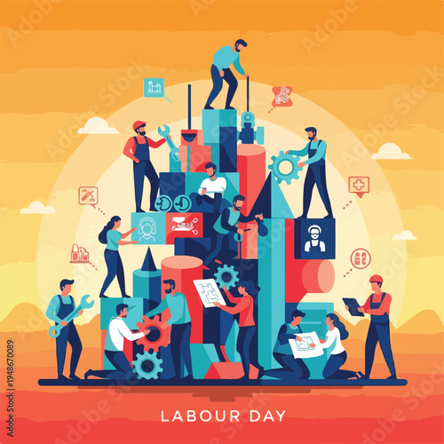 Group of people working together to build abstract structure