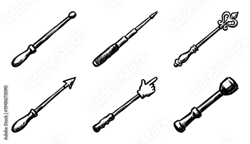 Collection of six hand-drawn sketch style pointers, wands, and indicators, each with a unique design and handle.