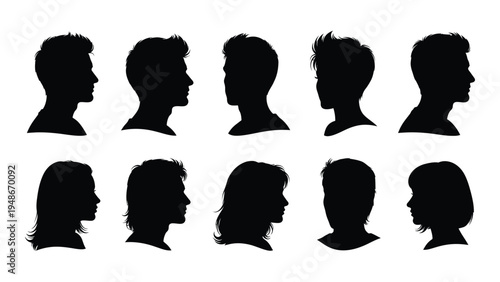 A collection of diverse human head silhouettes in profile view, showcasing various hairstyles and facial structures in a simple yet distinctive black and white design.