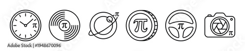 Creative outline icons showcasing the mathematical constant Pi incorporated into everyday items such as a clock, vinyl, planet, coin, steering wheel, and camera.