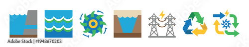 Set of colorful flat design icons illustrating the process of hydroelectric power generation, renewable energy, and sustainable electricity.