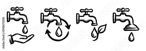 Hand-drawn water tap icons illustrating conservation, recycling, and sustainable water usage concepts for environmental awareness.
