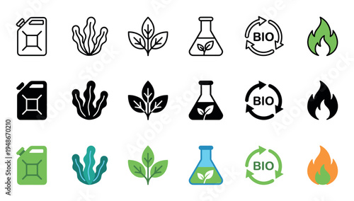 Biofuel and sustainable energy icons set representing eco-friendly alternatives and natural resources for environmental concepts.