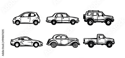 Various hand-drawn car illustrations showcasing different vehicle models such as a sedan, SUV, sports car, and classic automobile.