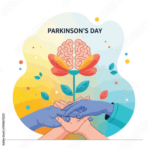 Illustration for Parkinson's Day features brain flower, hands, colorful background