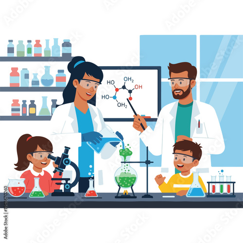 Illustration of a chemistry lesson with students and teachers in lab coats