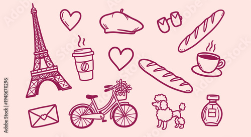 Hand drawn Paris themed doodle icons set