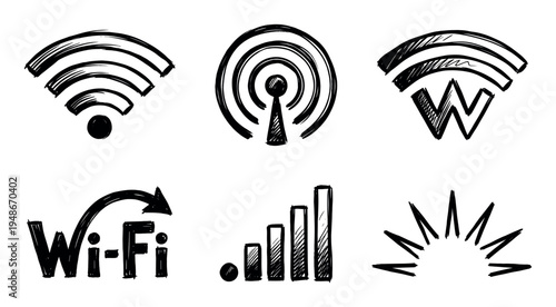 Hand-drawn sketch icons representing wireless internet connectivity, Wi-Fi symbols, and signal strength indicators.