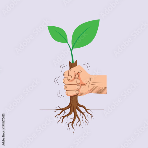 Hand clenching plant, roots visible on a light purple background