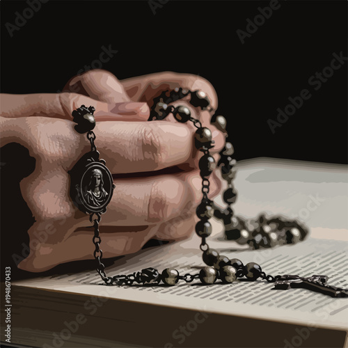 Hand clasps a rosary resting on an open book, a sacred moment