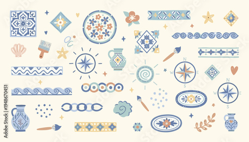 Mediterranean Ceramic Tile and Pottery Decorative Elements Set