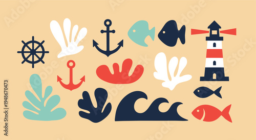 Nautical sea life icons set with lighthouse and ocean elements