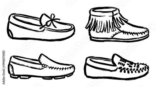 Hand-drawn sketch illustration of various traditional moccasin shoes and loafers, showcasing different styles with fringe and lacing details.