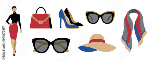 Stylish collection of women's fashion accessories including a handbag, high heels, sunglasses, a hat, and a scarf, alongside a chic female figure.