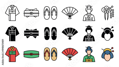 Collection of traditional Japanese cultural icons including kimonos, sandals, folding fans, and geisha figures, presented in outline, solid, and colored styles.