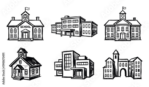 Six distinct hand-drawn black ink sketches depict different school buildings and educational institutions.