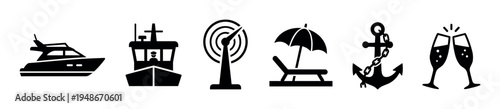Collection of black silhouette icons representing nautical travel, beach leisure, and celebratory moments.