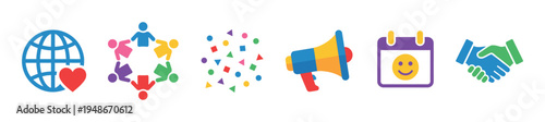 Vibrant collection of community, communication, and event planning icons featuring a globe, people, megaphone, and handshake.